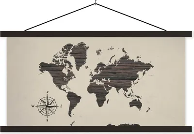 Produktbild von MuchoWow® Textilposter Weltkarte - Holz - Braun 120x60 cm mit schwarzem Rahmen - Dekoration Schlafzimmer