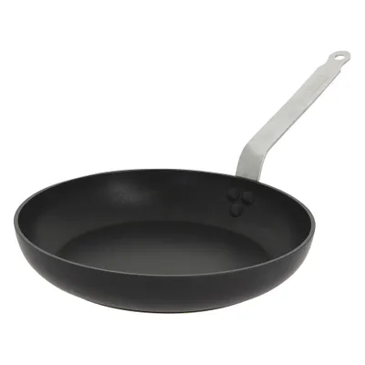 A black frying pan with a silver handle is shown against a white background.
