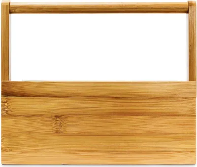 Productafbeelding van Bamboe bureaubenodigdheden organizer met 4 vakken en handgreep - pennenhouder voor het kantoor - naturel - afmetingen: 20 x 25 x 11,5 cm