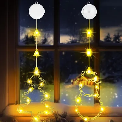 Produktbild von Weihnachtsbeleuchtung Fenster Batteriebetrieben - Schneemann und Weihnachtsbaum - 3 Lichtmodi mit Timer - Warmweiß