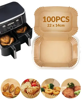 Produktbild von 100 Blatt Backpapier für die Ninja DualZone Heißluftfritteuse AF300EU/AF400EU/AF400EUCP, rechteckig, 22 x 14 cm. Diese Backpapier-Backbleche sind auch mit der Ninja Double Stack XL 9,5L SL400EU/SL400EUCP kompatibel.