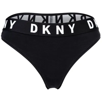 Zdjęcie produktu dla Bielizna DKNY damska – stringi, wykonane z mieszanki bawełny, modalu i Elasthanu, z logo, w jednolitym czarnym kolorze, rozmiar L