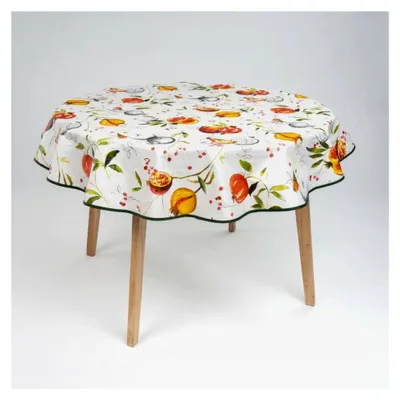 Produktbild von Runde Wachstuch Tischdecke 140 cm abwaschbar mit Saum und Paspelband, Muster: Granatapfel Rot Orange Weiß