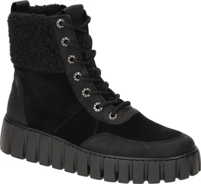 A black women's boot with a thick sole and lace-up front.
