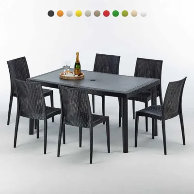 Produktbild von Poly Rattan Tisch Rechteckig mit 6 Bunten Polyrattan Stühlen 150x90 Schwarz