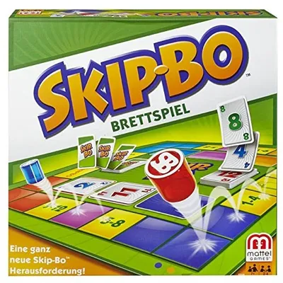 The image shows the front of a Skip-Bo board game box, with a depiction of the game board and cards in action.