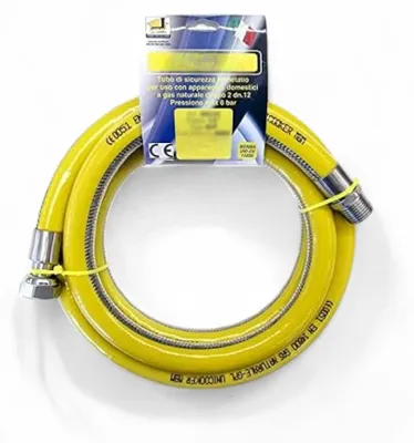 Obrázek produktu pro Ohebná ocelová hadice na plyn se žlutým ochranným pláštěm z PVC, M/F, do kuchyně – 150 cm