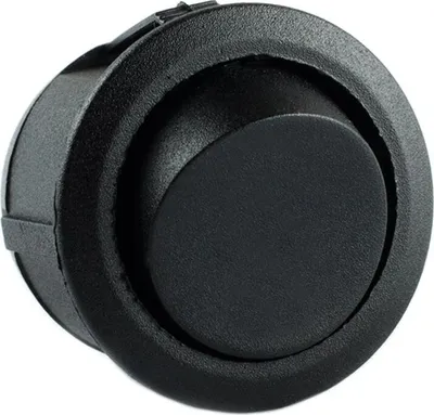 A close-up studio shot of a black, round, push-button switch.