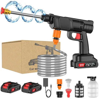 Image de Nettoyeur haute pression portable pour voitures - Pistolet de lavage à batterie - 21 V - 30 bars - 2 batteries - Flacon à mousse - Tuyau d'eau