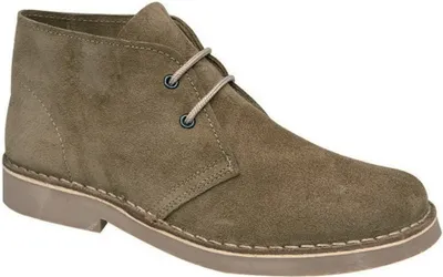 A single khaki suede desert boot is shown against a white background.
