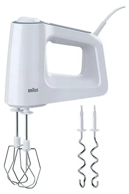 A white Braun hand mixer with two sets of beaters against a white background.