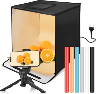 Produktbild von 40 x 40 x 40 cm faltbares LED-Lichtzelt, Desktop-Fotostudio-Lichtbox, Softbox, 3200 K šC 5500 K, stufenlos dimmbar, 168 Perlen, 3 Lichtmodi mit 6 farbigen Hintergruenden, LED-Lichttafeln, weiches Stoffstativ und Telefonclip fuer kleine Produktfotografie