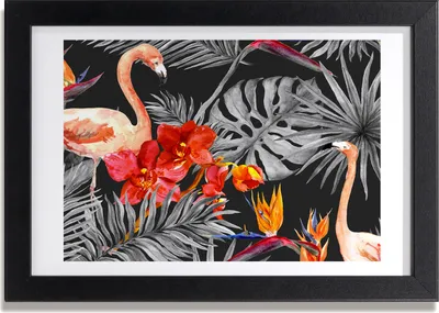 Produktbild von Bild 30x20 MDF-Rahmen, Wandkunst Flamingos und Blumen