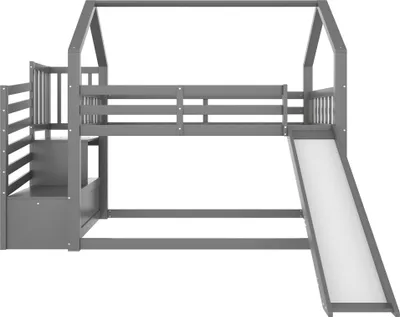 Produktbild von MODFU Etagenbett 90x200cm Kinderbett mit Stauraumtreppe und Rutsche, Hochbett Jugendbett mit Rausfallschutz und Lattenrost,Bettgestell,Grau