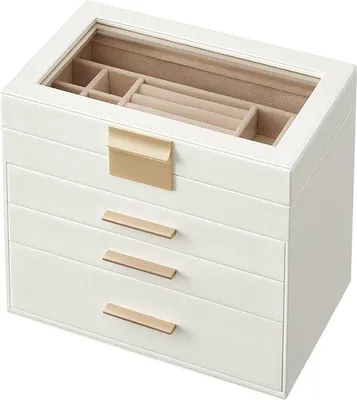 Productafbeelding van Famanu sieradendoos met 4 niveaus en glazen deksel - opbergdoos voor zonnebrillen - modern, wolkenwit