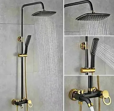A collage of images showing a black and gold shower system with water flowing from both the overhead shower and the handheld showerhead.
