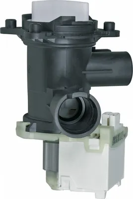 A close-up, isolated studio shot of a washing machine drain pump.