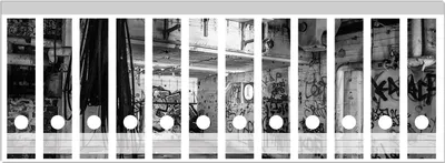 Produktbild von Wallario Ordnerrücken Sticker, selbstklebend für breite Ordner, 12 Stück, Motiv Alte verlassene Fabrik in schwarz weiß mit Graffiti