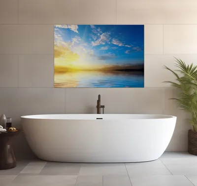 Produktbild von Wallario wasserfestes Poster selbstklebend 70 x 100 cm, Sonnenuntergang über dem Meer I, Badezimmerposter Spritzschutz mit Hochglanzoberfläche in Glasoptik