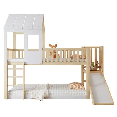 Produktbild von Etagenbett, 90x200 cm, Kinderbett mit 2 Liegeflächen, Lattenrost, Rutsche und Leiter, Hausbett aus Kiefer, Hochbett inkl. Rausfallschutz