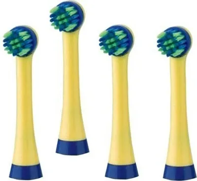 Four yellow toothbrush heads with blue and green bristles are arranged in a row against a white background.