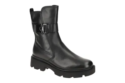 A black leather boot with a buckle detail is shown against a white background.