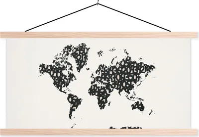 Produktbild von MuchoWow® Textilposter Weltkarte - Zahlen - Schwarz 60x30 cm mit holzfarbenen Rahmen - Dekoration