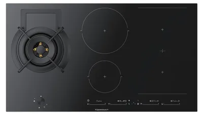 A top-down view of a black induction and gas cooktop.