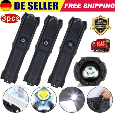 Produktbild von 3X Super helle Taschenlampe LED 990000LM USB wiederaufladbare Fackel 18650 Akku