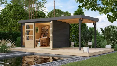 Productafbeelding van Karibu tuinhuis, tuinhuisje "Lahar 5", set met uitbouwdak, 2,40 meter breed, rondom in de kleur terragrau, afmetingen 524x246x211 cm