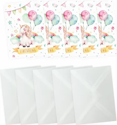 Produktbild von 10 Einladungskarten Einhorn mit Glitzer inkl. 10 Briefumschlägen