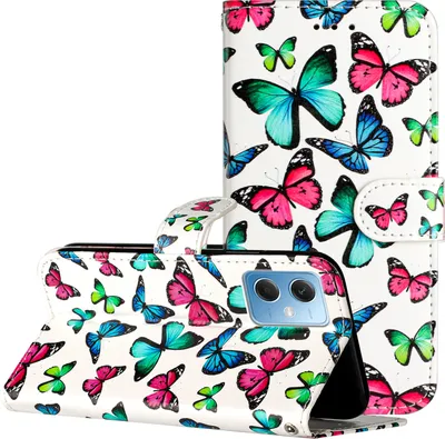 Produktbild von CLM-Tech Hülle kompatibel mit Xiaomi Redmi Note 12 5G - Tasche aus Kunstleder - Klapphülle mit Ständer und Kartenfächern, bunte Schmetterlinge