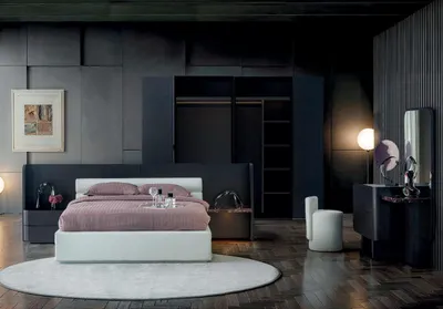 Image de Ensemble chambre à coucher moderne, noir et blanc, comprenant un lit et une armoire, ensemble complet
