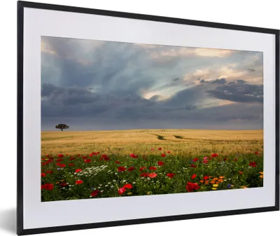 Produktbild von MuchoWow® MuchoWow® Gerahmtes Poster Blumen - Weizen - Wolken 60x40 cm - Poster mit zchwarzem Bilderrahmen - Schlafzimmer - Plakat in Rahmen - Drucken
