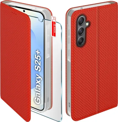 Image de Étui à rabat pour Samsung S25+ Plus, à fermeture, rouge, avec verre de protection 9H