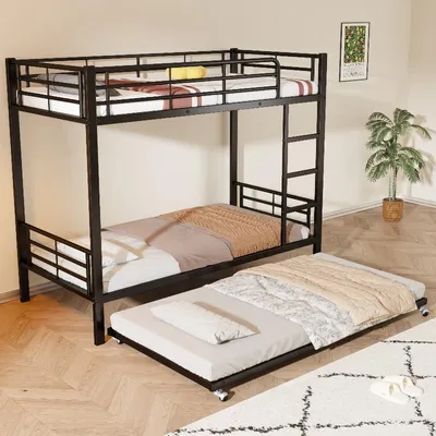 Obrázok produktu pre Kovová poschodová posteľ s výsuvnou posteľou, rozmery 90x200 cm a 90x190 cm, čierna, s bočnicami a priamou schodíkovou konštrukciou, vhodná do spálne