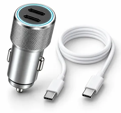 Produktbild von Auto Ladegerät USB-C – Kfz Ladeadapter für Zigarettenanzünder, iPhone & Samsung – Doppel Typ-C / TypC Kabel
