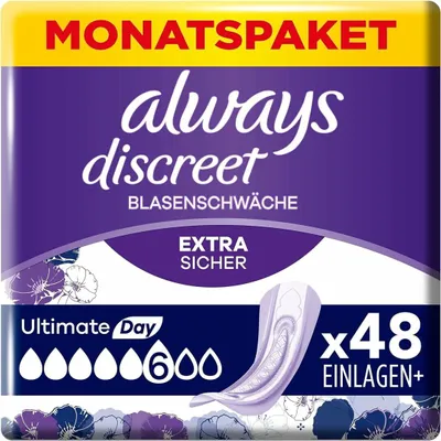 Obrázek produktu pro Always Discreet Ultimate Day inkontinenční vložky, 48 vložek (4 x 12 kusů) pro ženy, měsíční balení, silná ochrana při slabosti močového měchýře, kterou sotva cítíte