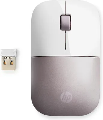 A white and gray HP wireless mouse and its USB receiver are shown against a white background.