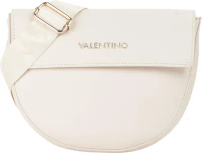 A cream-colored Valentino handbag with a white strap.