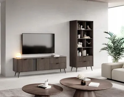 Produktbild von Wohnwand Set Veris 2-teilig | Regal & TV Lowboard in Eiche Dunin | Möbelset Wohnzimmer Modern mit Rillen-Details