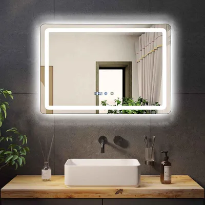 Obrázek produktu pro AIORBER LED koupelnové zrcadlo s osvětlením, proti zamlžování, nástěnné zrcadlo, dotykový spínač, hodiny, stmívatelné, 3 barvy světla, tvrzené sklo, 60 x 100 cm, stříbrná, bílá