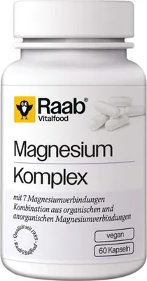 A white bottle of Raab Vitalfood Magnesium Komplex capsules.