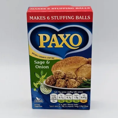 A box of Paxo Sage & Onion Stuffing Mix.