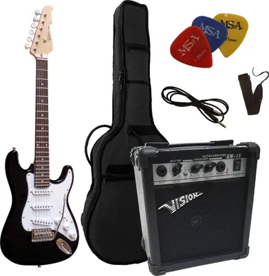 Produktbild von 3/4 Junior Kinder Elektrogitarre - E-Gitarre schwarz im Set - 20 Watt Verstärker Tasche, Band, 3x Piks