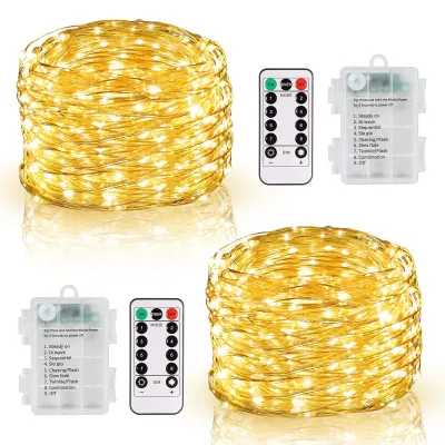 2er-Pack 10 m 100 LED Lichterkette, batteriebetrieben, Fernbedienung, 8 Modi