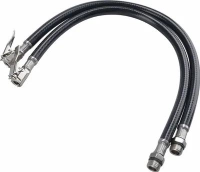 Two black hoses with metal connectors and clips for inflating tires.