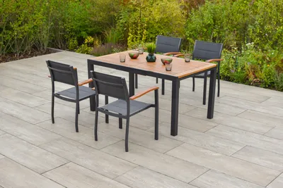 Produktbild von Merxx Gartenmöbel Set Paxos 5tlg., 4 Stapelsessel, Ausziehtisch 150 (200) x 90 cm- Aluminium/Akazie/Textil