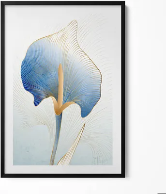 Produktbild von Illustration von Blumen mit Gold– Wandbild mit Rahmen – Gerahmtes Bild  – Wanddekoration – 70x100 cm –  Schwarz Rahmen