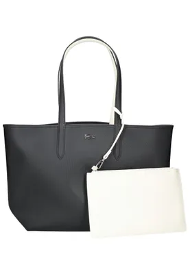 A black tote bag with a beige pouch attached.